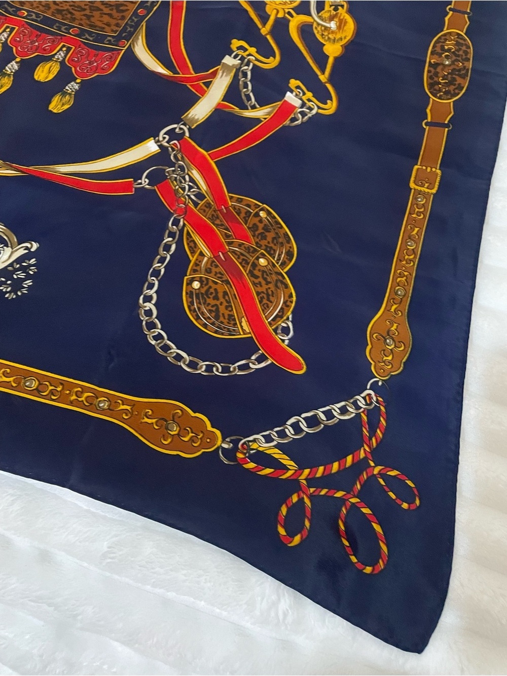 Hermès Navy Silk Scarf with Gold and Orange Harness Motif - Picture 6 of 16